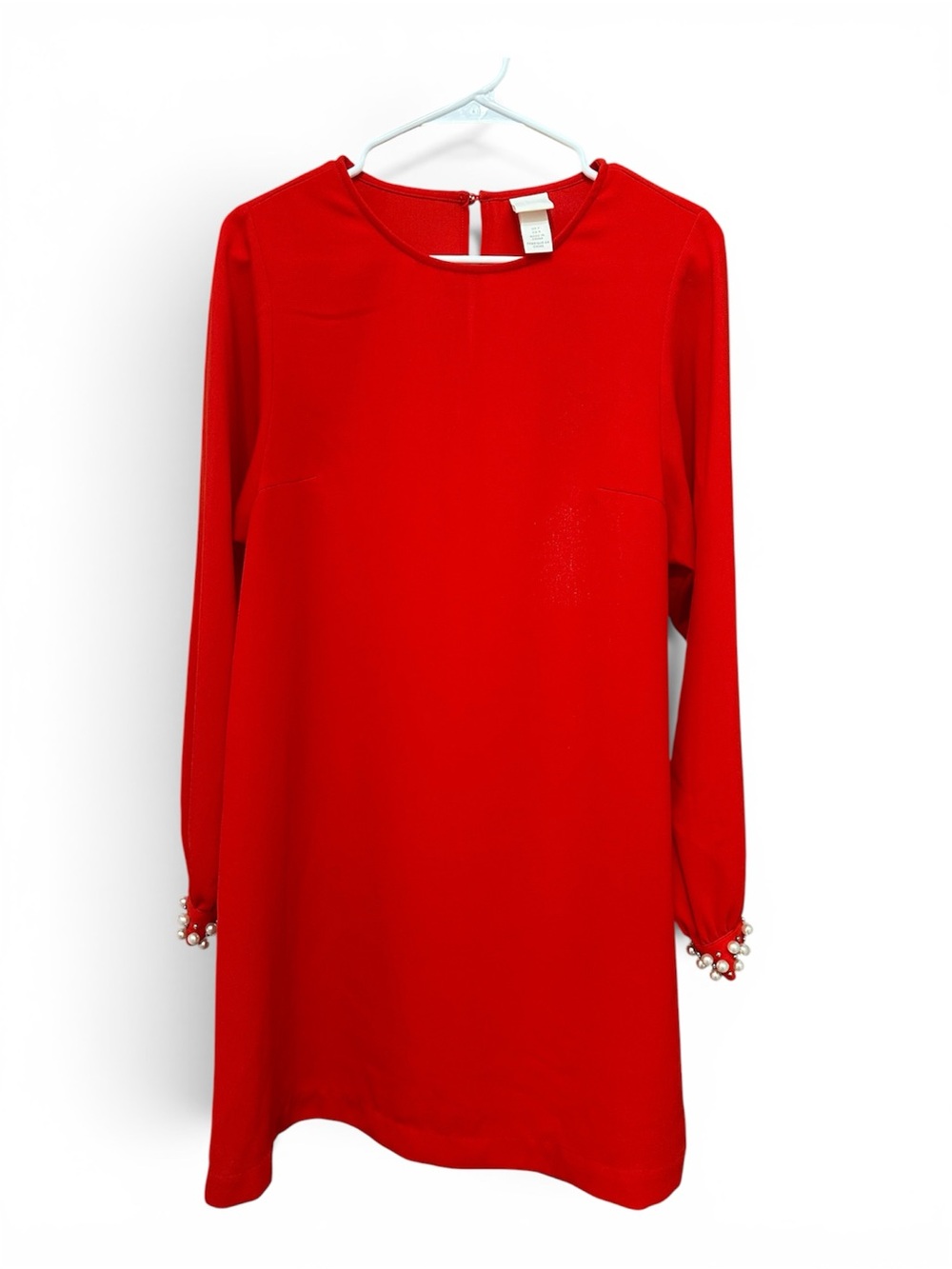 H&M Red Long-Sleeve Shift Dress with Pearl Cuff Detail